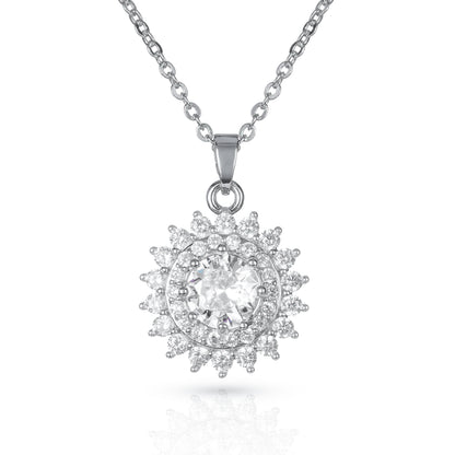 Silver Round Halo Pendant Necklace For Women With Cubic Zirconia Stones