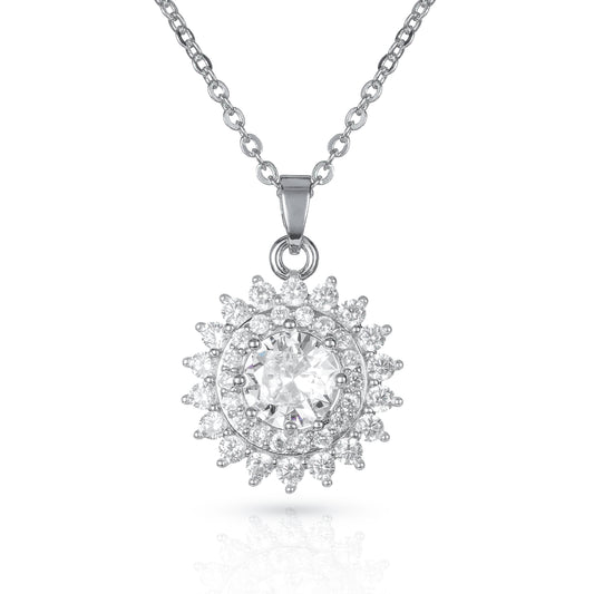 Silver Round Halo Pendant Necklace For Women With Cubic Zirconia Stones
