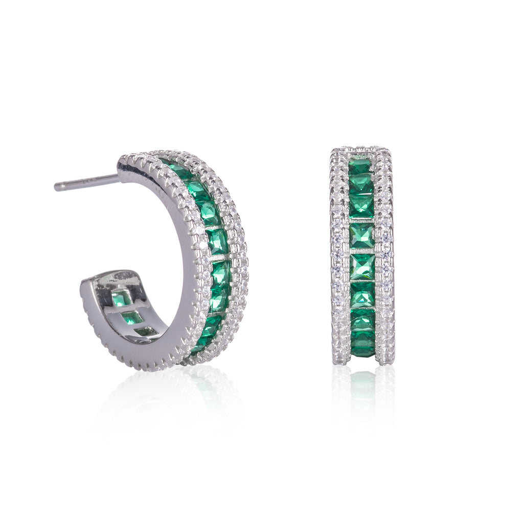 925 Sterling Silver Half Hoop Earrings with Green and White Cubic Zirconia Stones