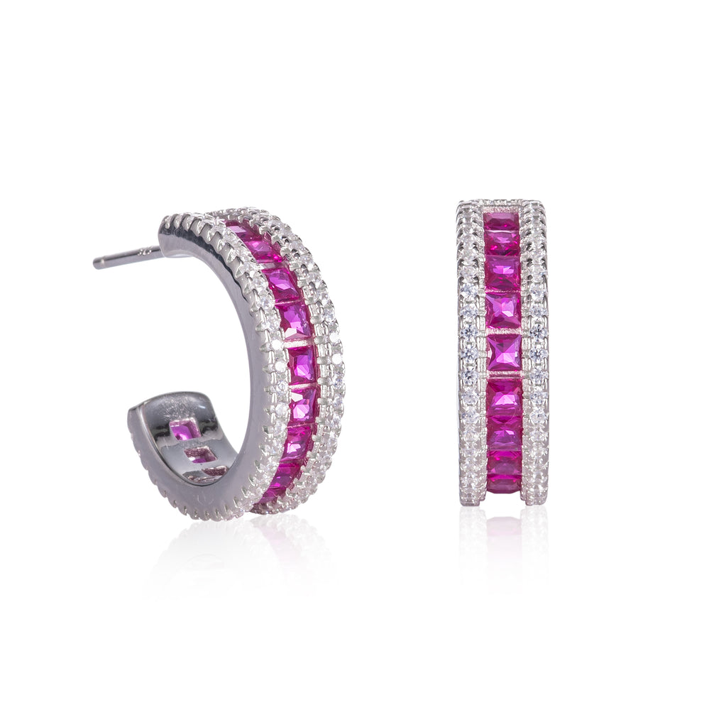 925 Sterling Silver Half Hoop Earrings with Red and White Cubic Zirconia Stones