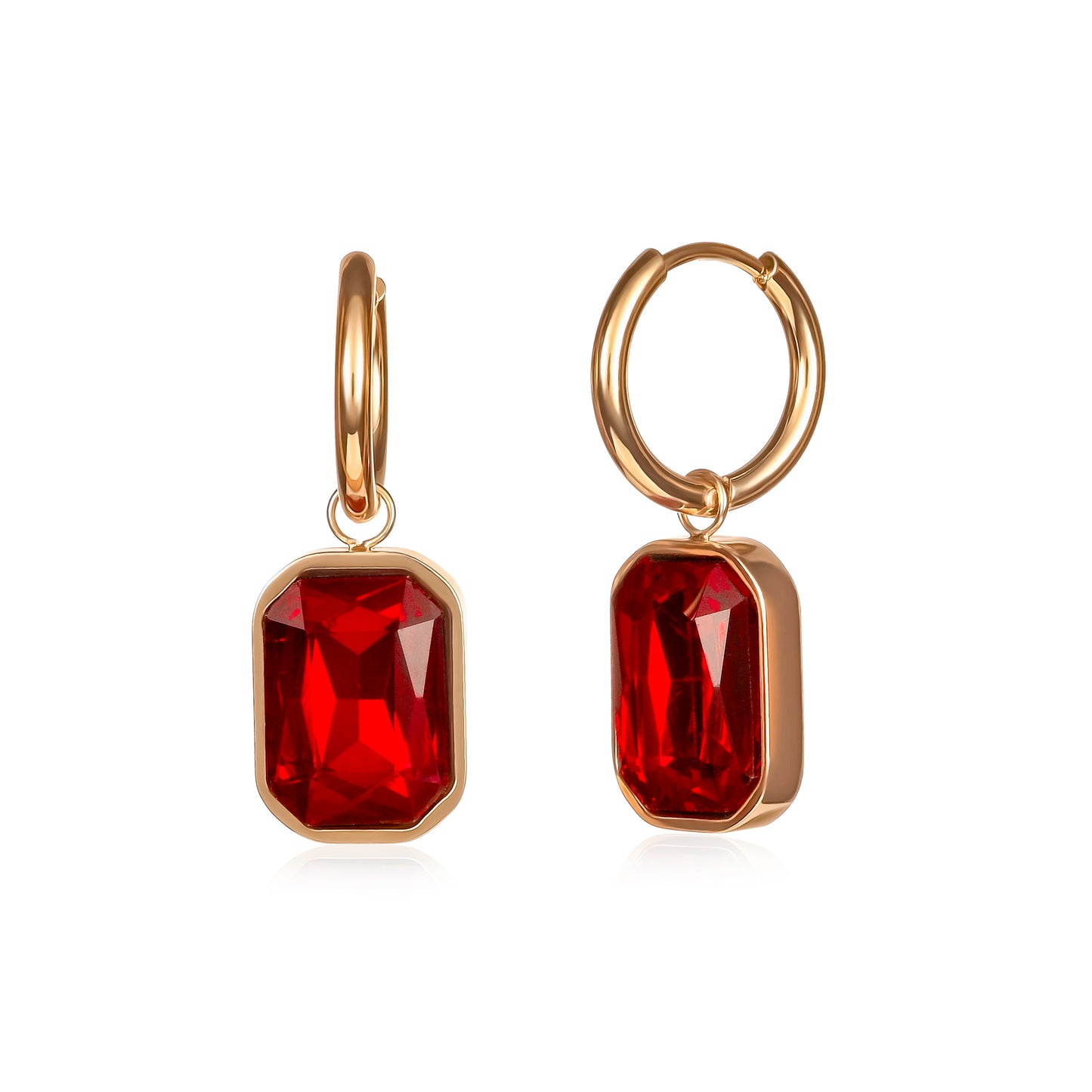 Red Rectangle Crystal Dangle Earrings on Small Hoops