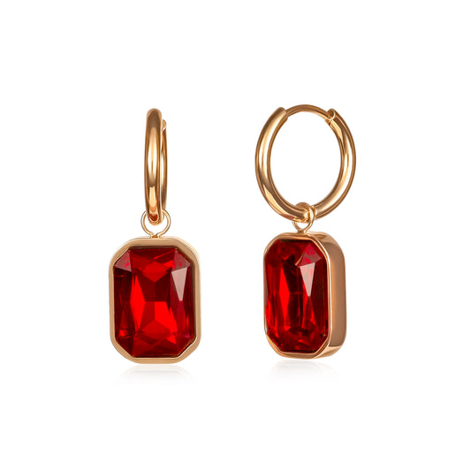Red Rectangle Crystal Dangle Earrings on Small Hoops