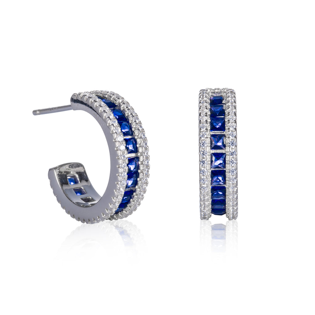 925 Sterling Silver Half Hoop Earrings with Blue and White Cubic Zirconia Stones