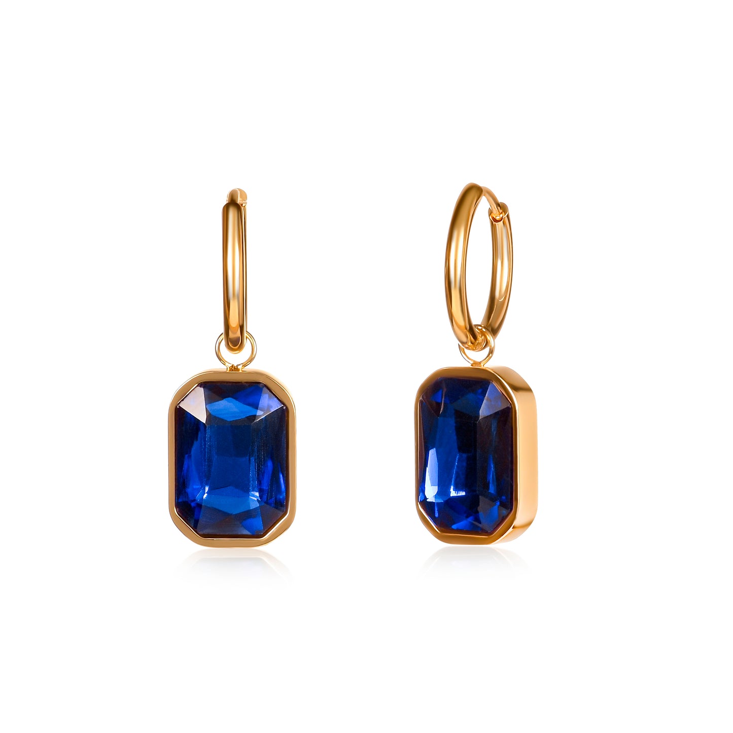 Blue Rectangle Crystal Dangle Earrings on Small Hoops