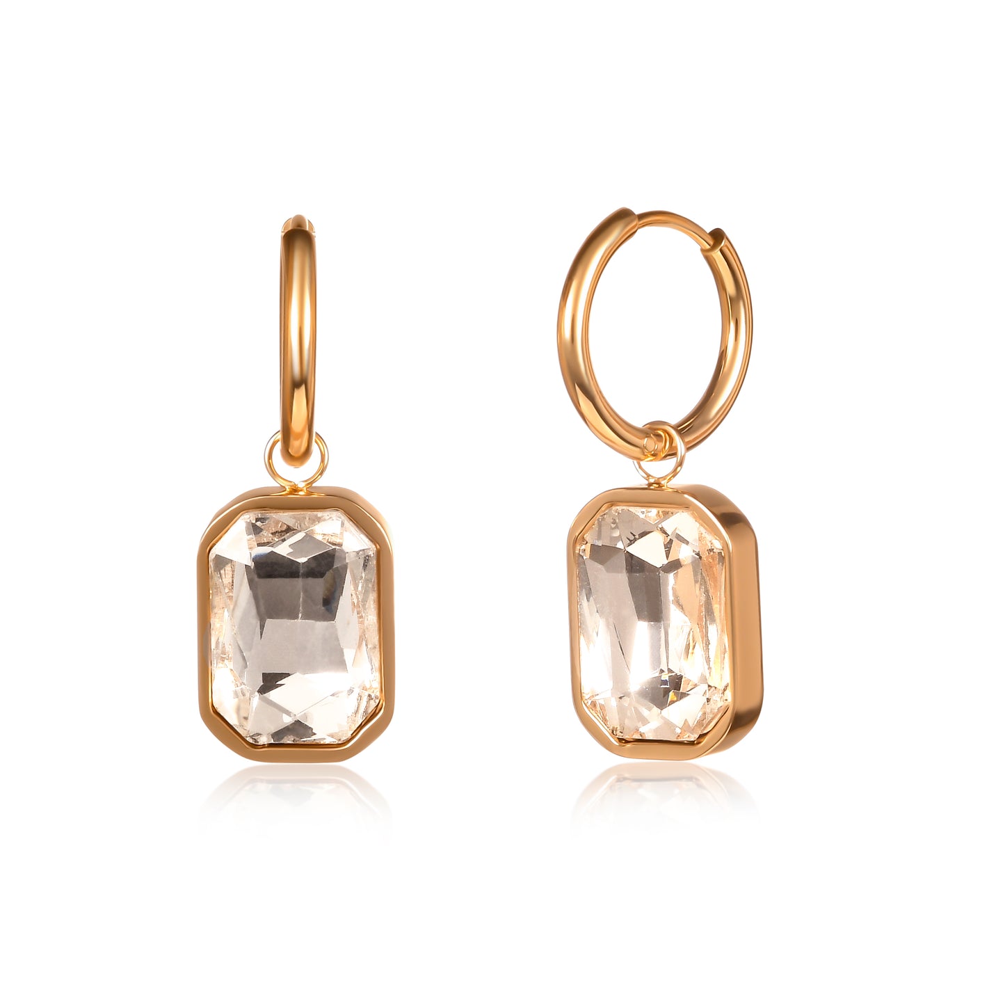 Gold Rectangle Crystal Dangle Earrings on Small Hoops