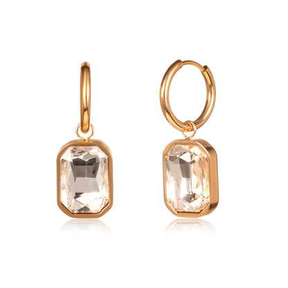 Gold Rectangle Crystal Dangle Earrings on Small Hoops