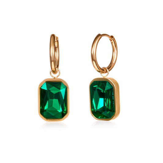 Green Rectangle Crystal Dangle Earrings on Small Hoops
