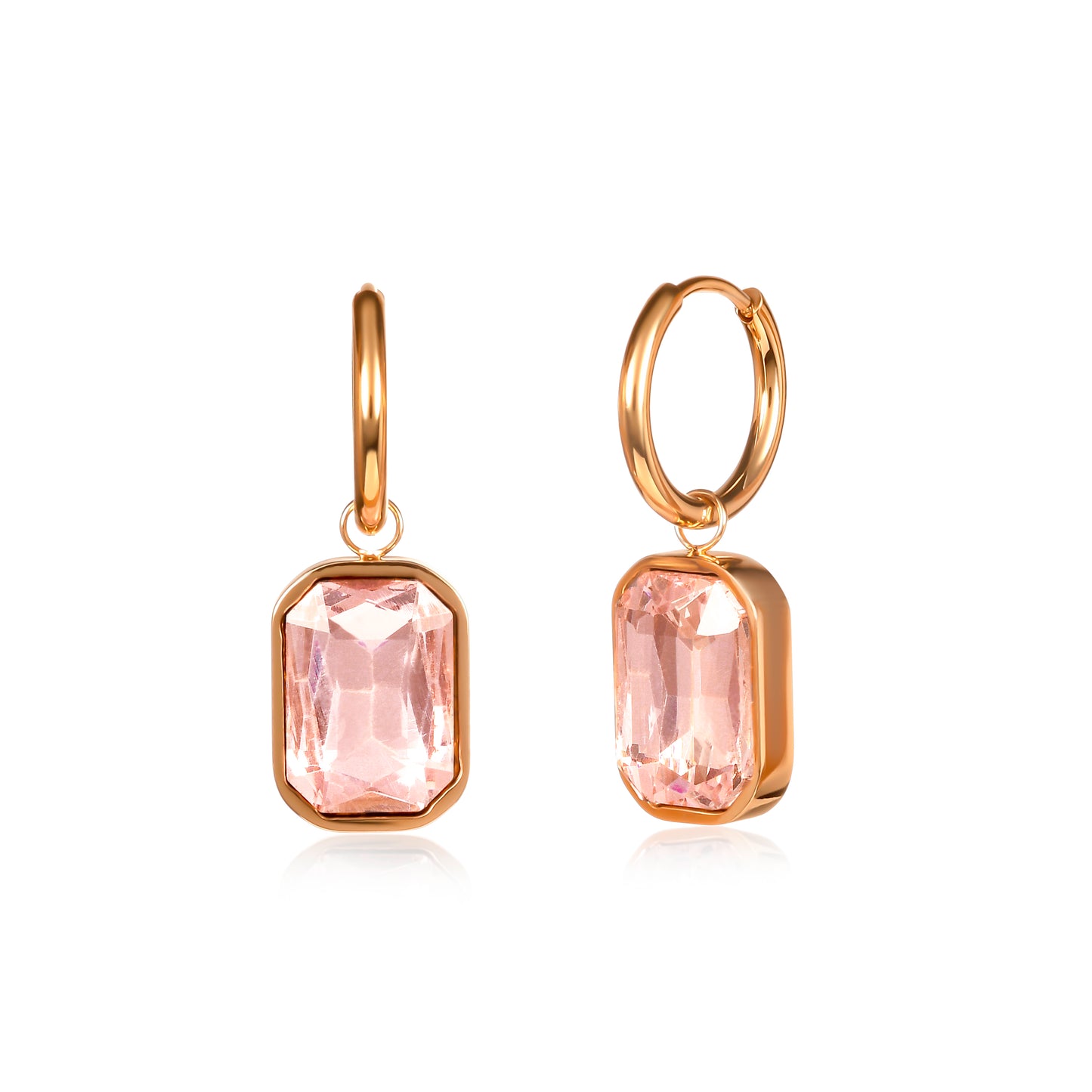 Pink Rectangle Crystal Dangle Earrings on Small Hoops