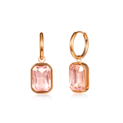 Pink Rectangle Crystal Dangle Earrings on Small Hoops