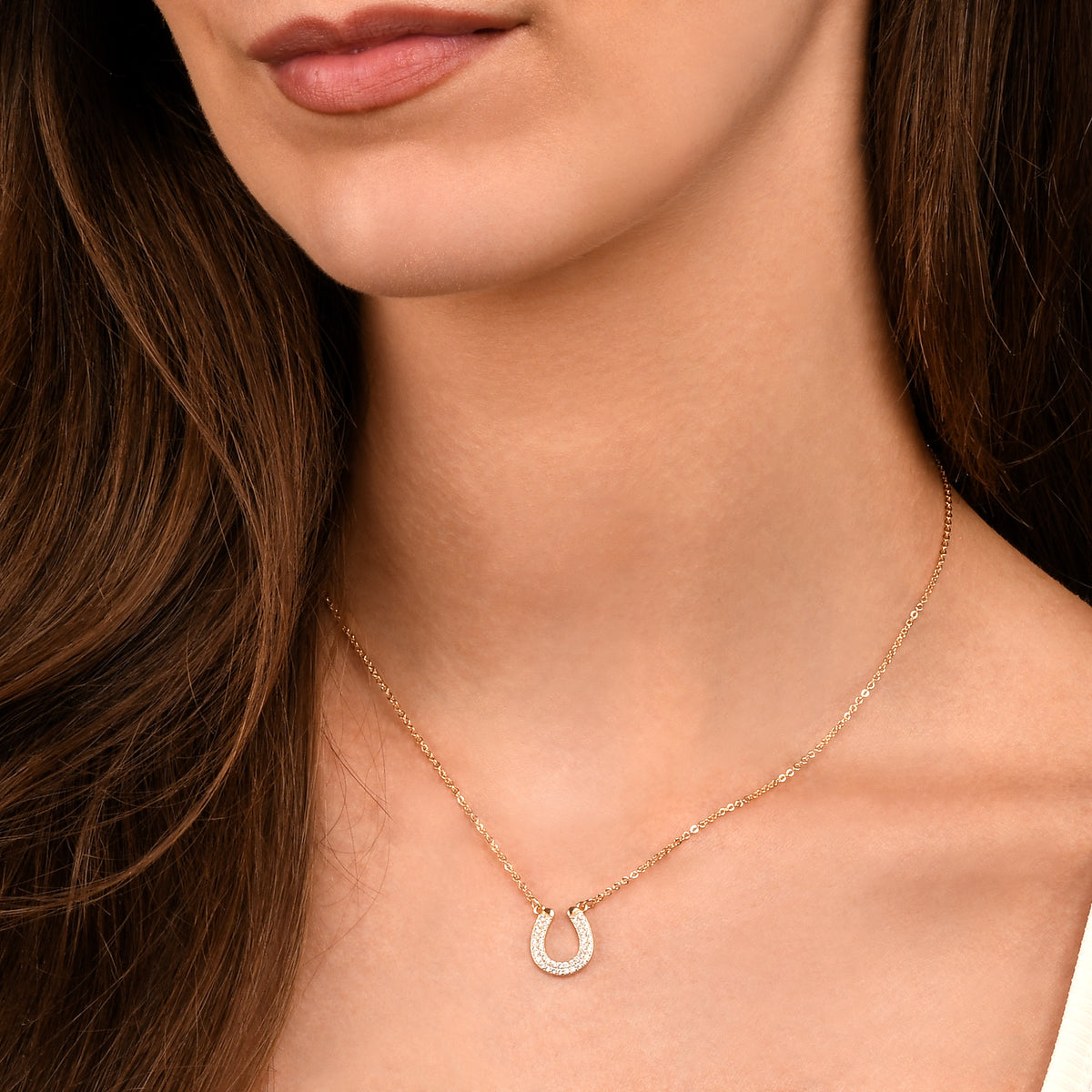 Gold Lucky Charm Horseshoe Pendant Necklace With Cubic Zirconia Stones