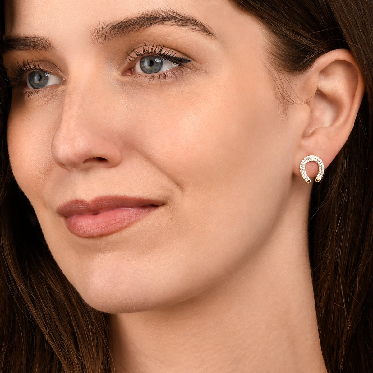Gold Horseshoe Stud Earrings With Cubic Zirconia Stones For Women
