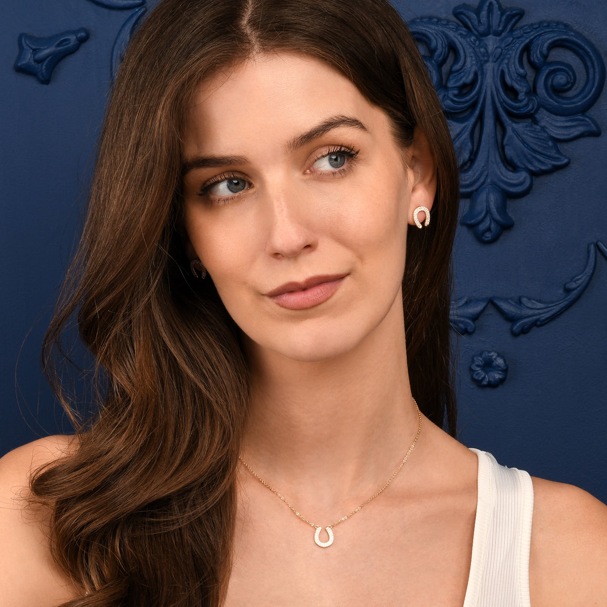 Gold Lucky Charm Horseshoe Pendant Necklace With Cubic Zirconia Stones