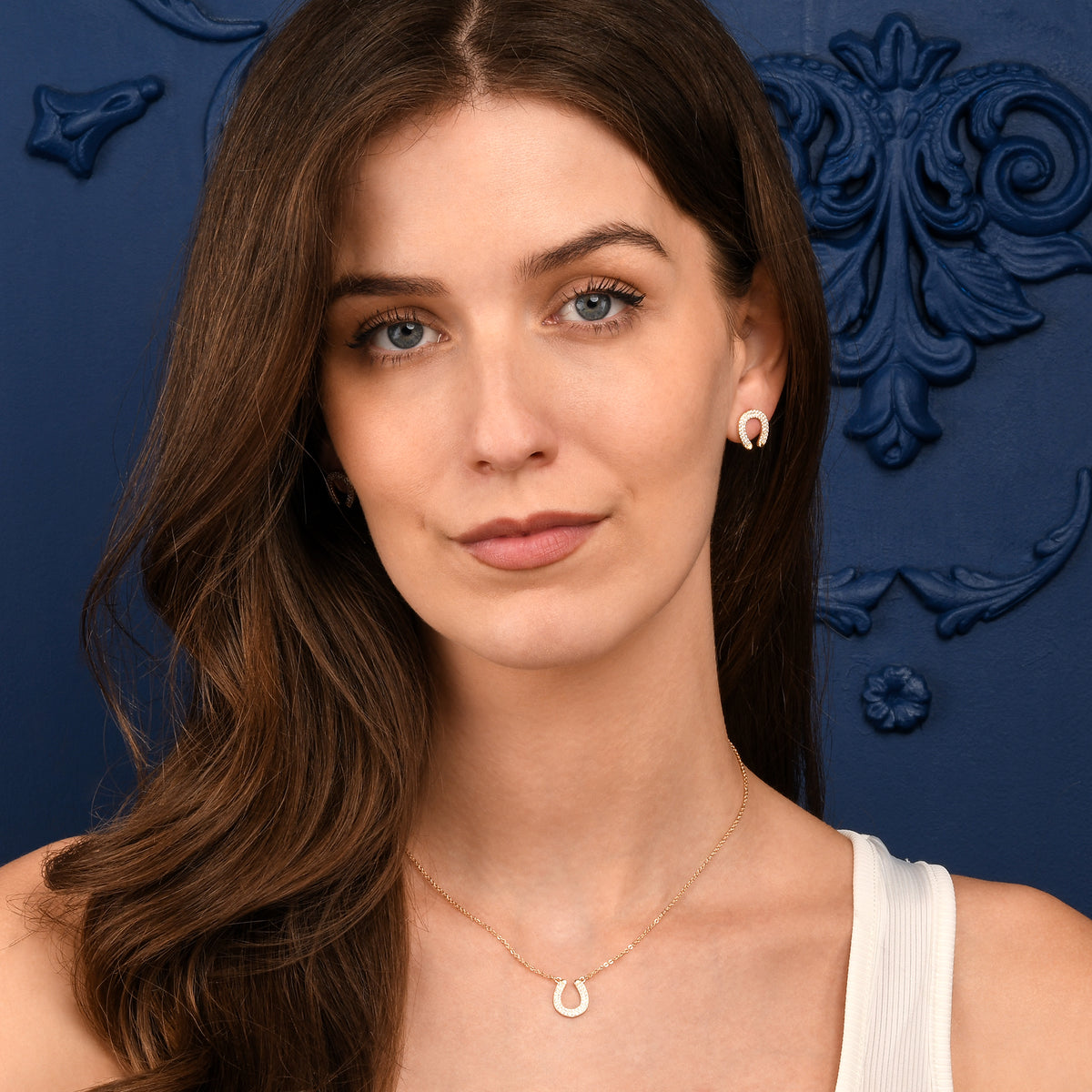 Gold Horseshoe Stud Earrings With Cubic Zirconia Stones For Women