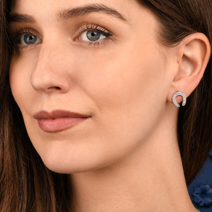 Silver Horseshoe Stud Earrings With Cubic Zirconia Stones For Women