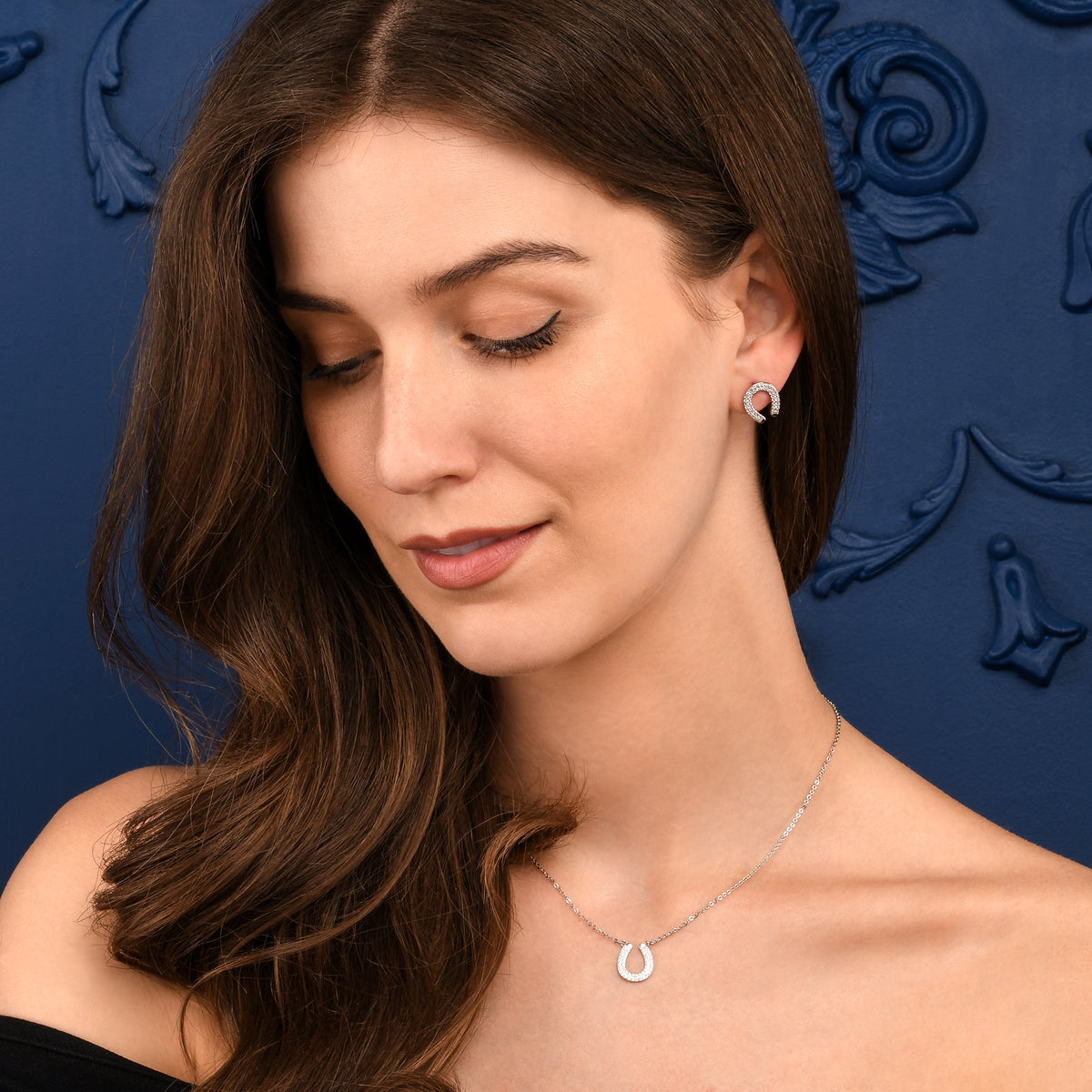 Silver Horseshoe Stud Earrings With Cubic Zirconia Stones For Women