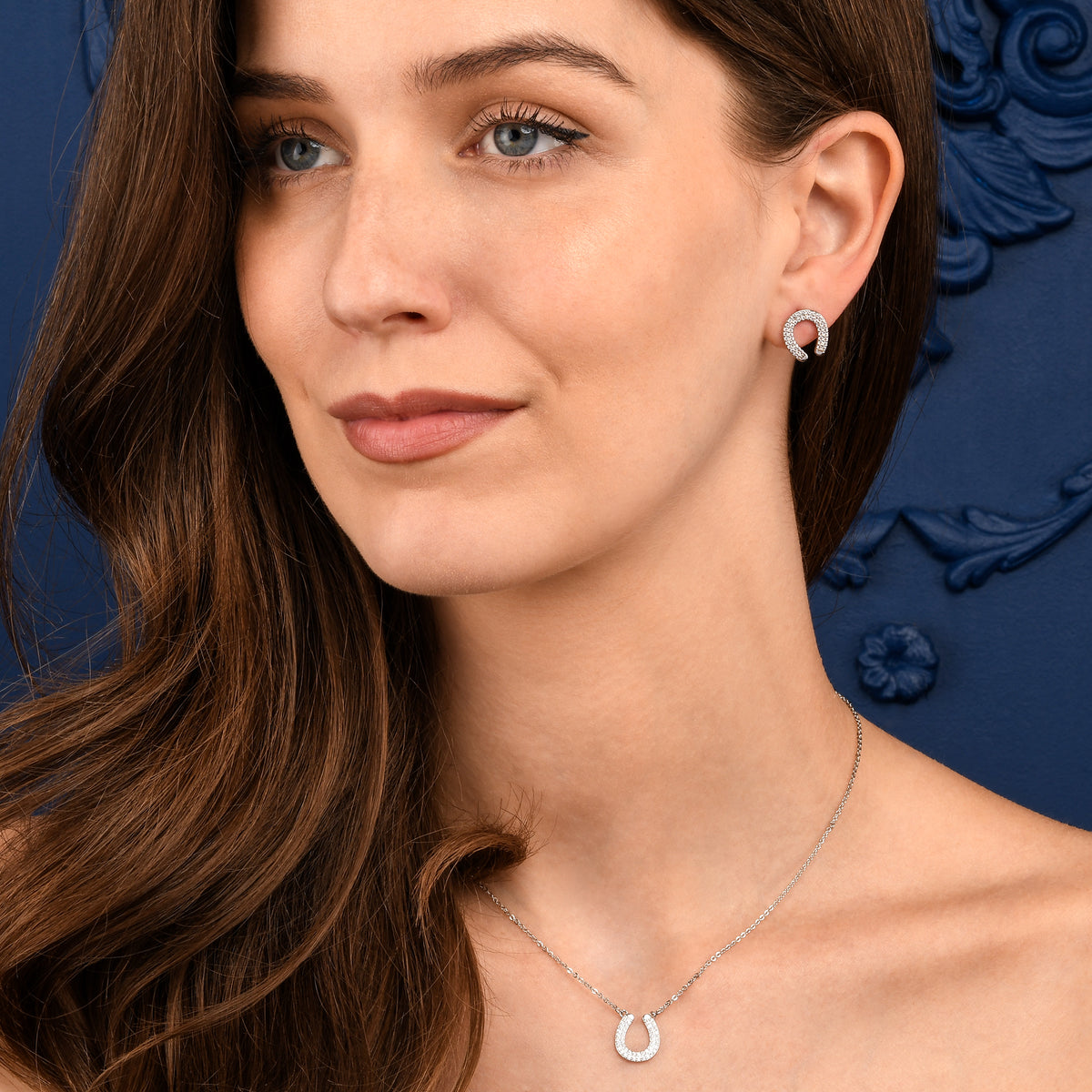 Silver Horseshoe Stud Earrings With Cubic Zirconia Stones For Women