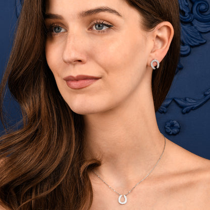 Silver Lucky Charm Horseshoe Pendant Necklace With Cubic Zirconia Stones