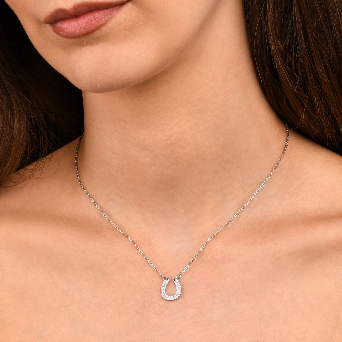 Silver Lucky Charm Horseshoe Pendant Necklace With Cubic Zirconia Stones