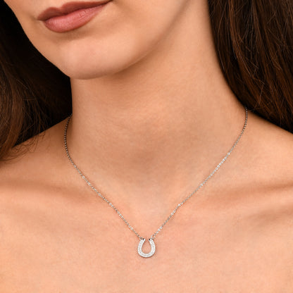 Silver Lucky Charm Horseshoe Pendant Necklace With Cubic Zirconia Stones
