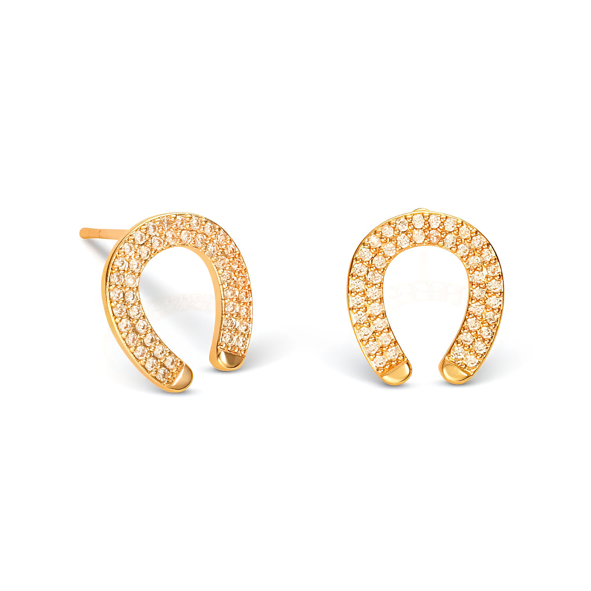 Gold Horseshoe Stud Earrings With Cubic Zirconia Stones For Women