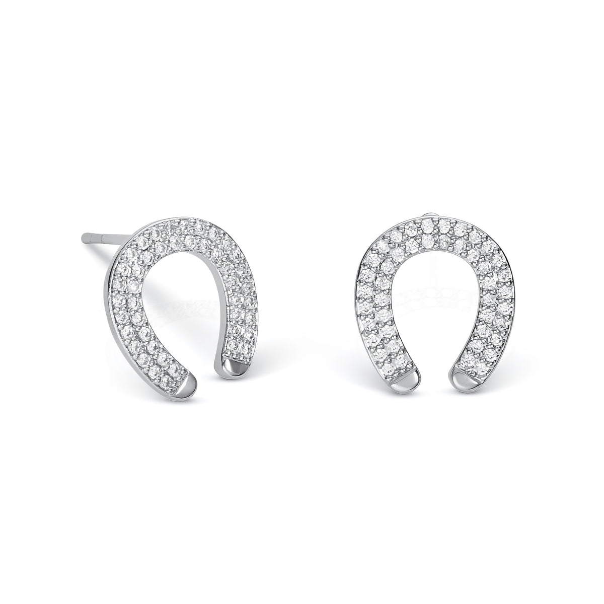 Silver Horseshoe Stud Earrings With Cubic Zirconia Stones For Women