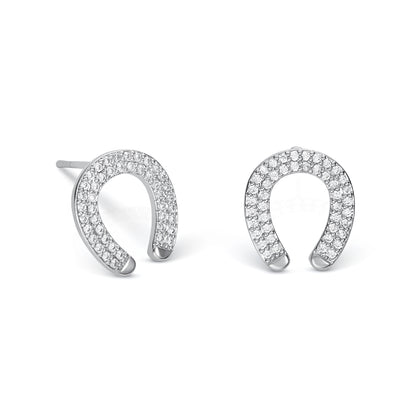 Silver Horseshoe Stud Earrings With Cubic Zirconia Stones For Women