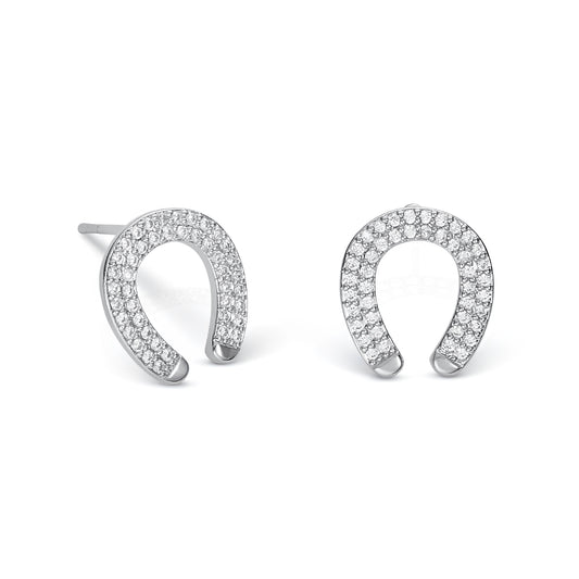 Silver Horseshoe Stud Earrings With Cubic Zirconia Stones For Women