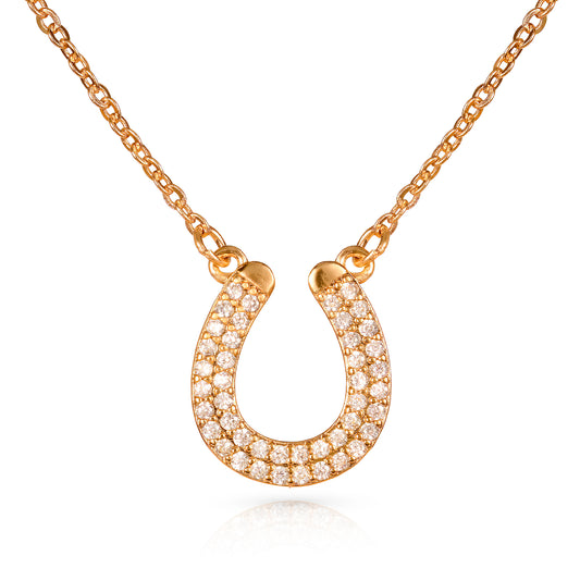 Gold Lucky Charm Horseshoe Pendant Necklace With Cubic Zirconia Stones