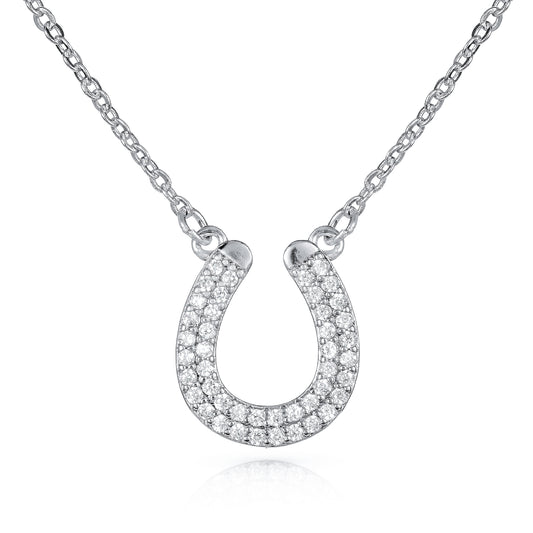 Silver Lucky Charm Horseshoe Pendant Necklace With Cubic Zirconia Stones