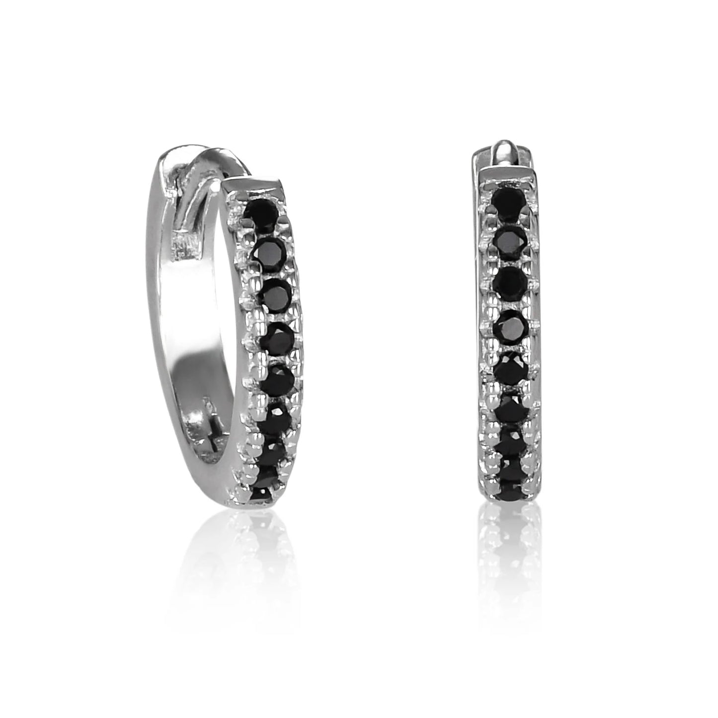 Dainty Silver Mini Hoop Earrings for women with black stones