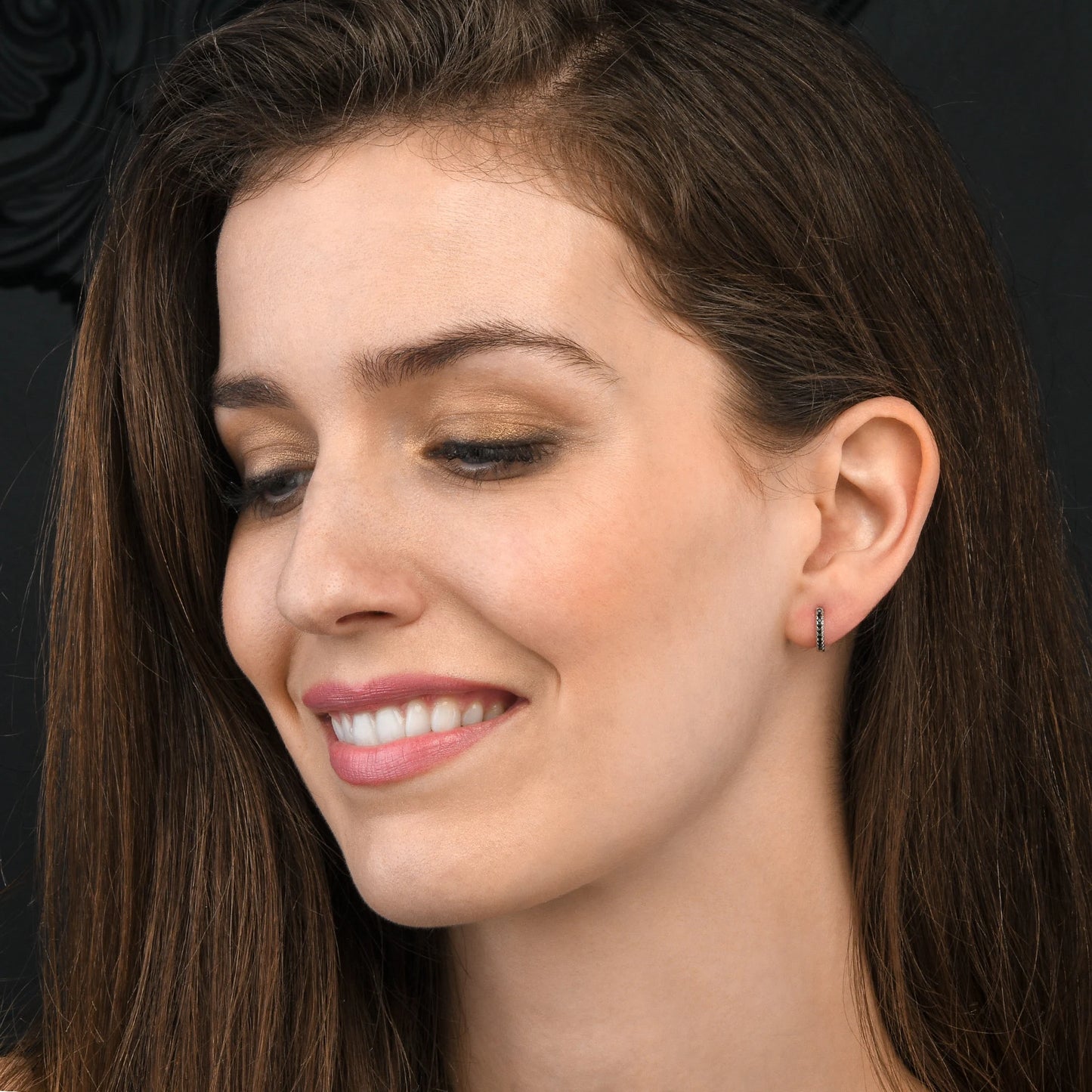 Dainty Silver Mini Hoop Earrings for women with black stones