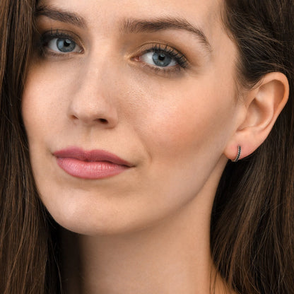 Dainty Silver Mini Hoop Earrings for women with black stones