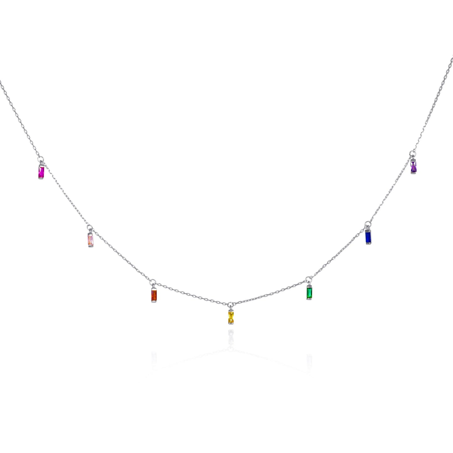 925 Sterling Silver Rainbow Coloured  Baguette Charm Necklace for Women