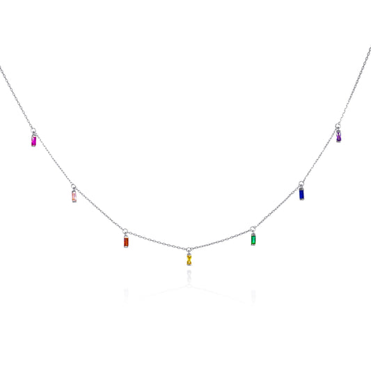 925 Sterling Silver Rainbow Coloured  Baguette Charm Necklace for Women