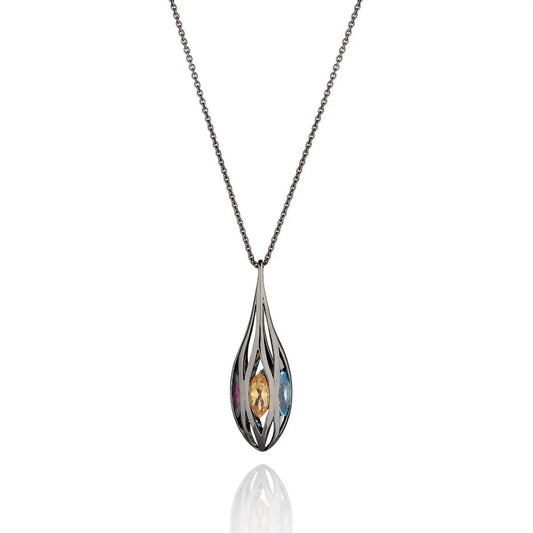 Black Sterling Silver Vermeil Gemstone Teardrop Pendant Necklace For Women