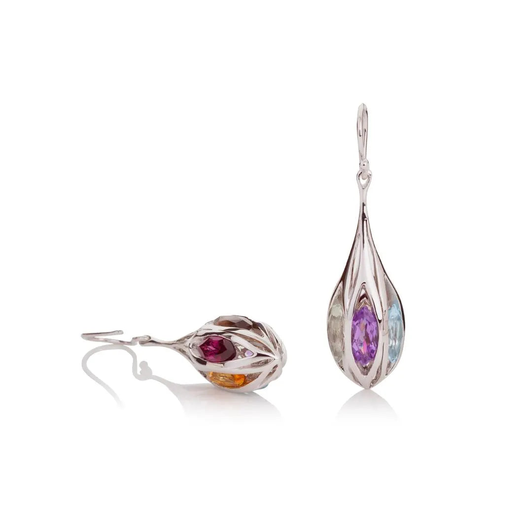 Sterling Silver Multicolored Gemstone Teardrop Earrings For Women
