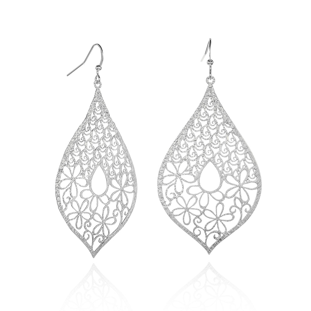 Silver Large Leaf Shaped Teardrop Dangle Earrings for Women