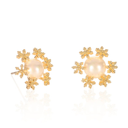 Gold Large Pearl Stud Earrings in a Snowflake Design for Women