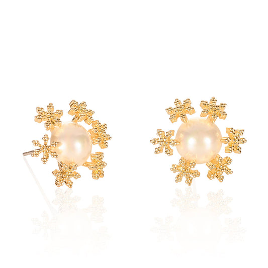 Gold Large Pearl Stud Earrings in a Snowflake Design for Women