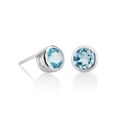 Sterling Silver Bezel Set Blue Topaz Stud Earrings For Women
