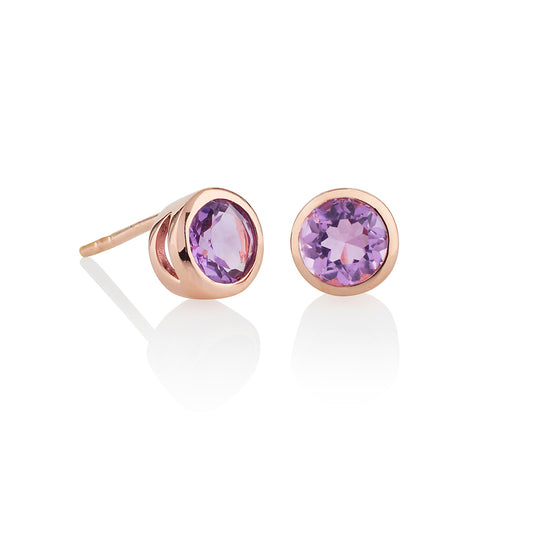 Rose Gold Vermeil Bezel Set Amethyst Stud Earrings For Women