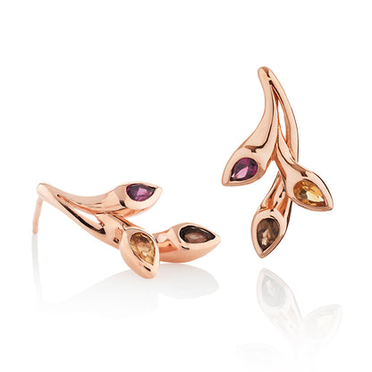 Rose Gold Vermeil Stud Earrings with Natural Smoky Quartz, Citrine and Rhodolite Gemstones