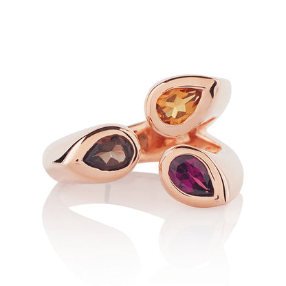 Rose Gold Vermeil Wide Ring for Women with Smoky Quartz, Citrine and Rhodolite Gemstones
