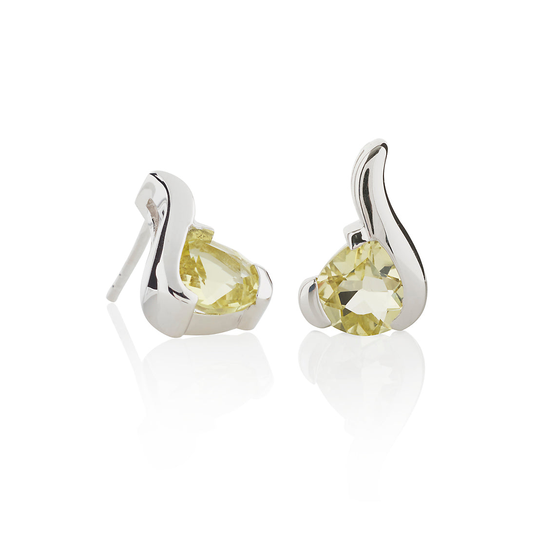 Sterling Silver Stud Earrings With Pear-Shaped Lemon Quartz Gemstones