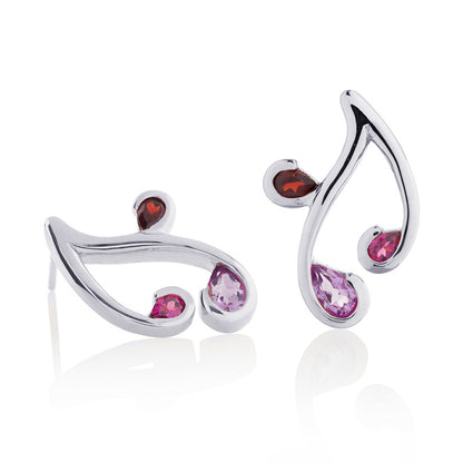 Sterling Silver Floral Stud Earrings with Natural Rhodolite, Amethyst and Garnet Gemstones
