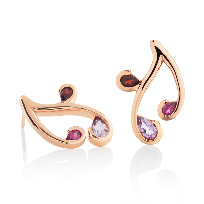 Rose Gold Vermeil Floral Stud Earrings with Natural Rhodolite, Amethyst and Garnet Gemstones