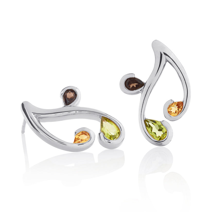 Sterling Silver Floral Stud Earrings with Natural Peridot, Citrine and Smoky Quartz Gemstones