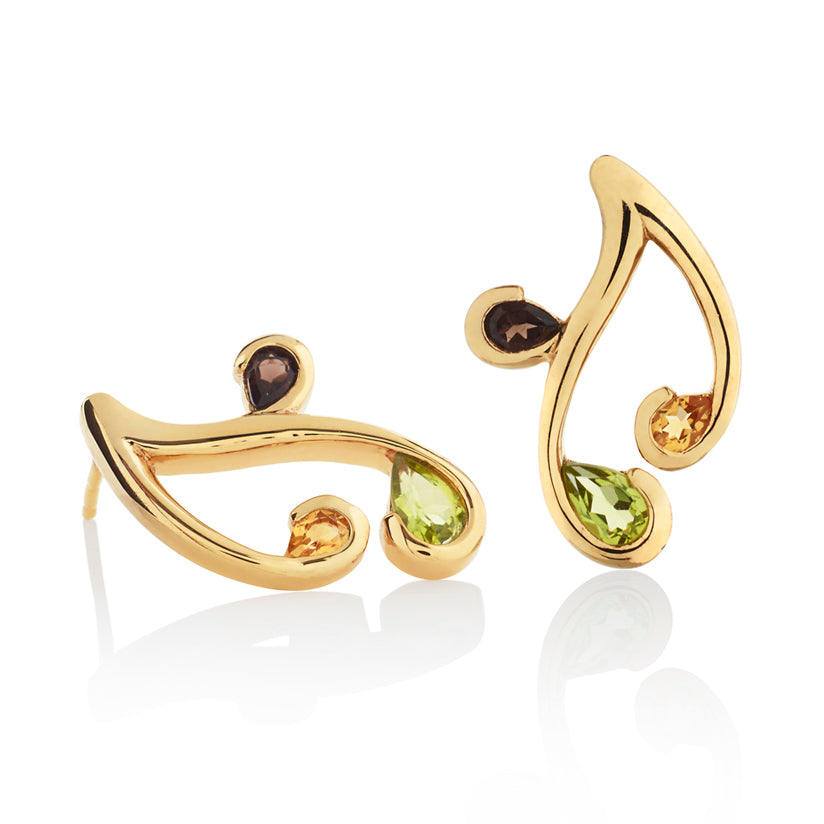 Gold Vermeil Floral Stud Earrings with Natural Peridot, Citrine and Smoky Quartz Gemstones
