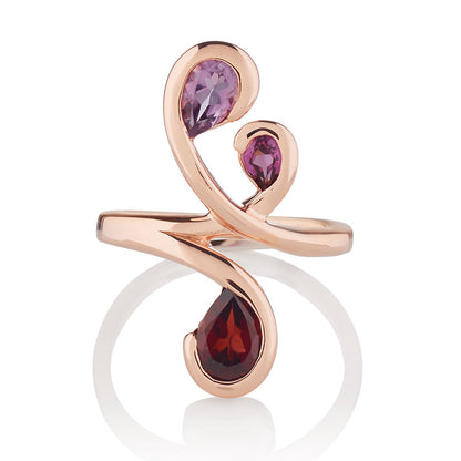 Rose Gold Vermeil Floral Ring with Amethyst, Rhodolite and Garnet Gemstones