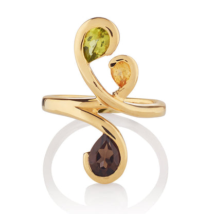 Gold Vermeil Floral Ring with Peridot, Citrine and Smoky Quartz Gemstones